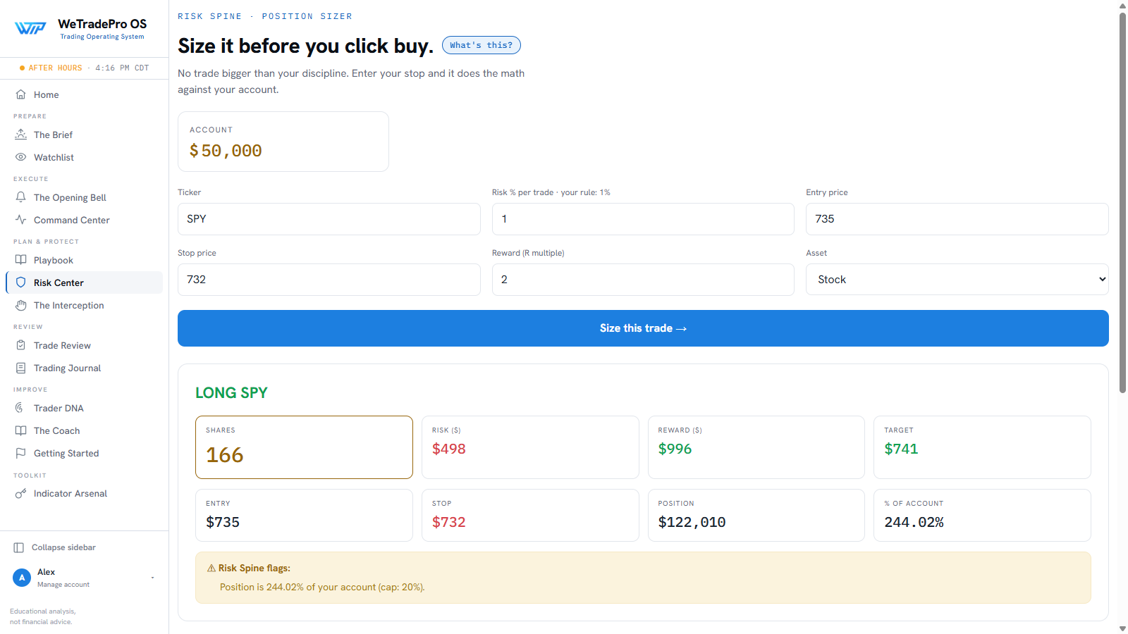 WeTradePro OS Risk Center, position sizing off your account with a built-in discipline guardrail